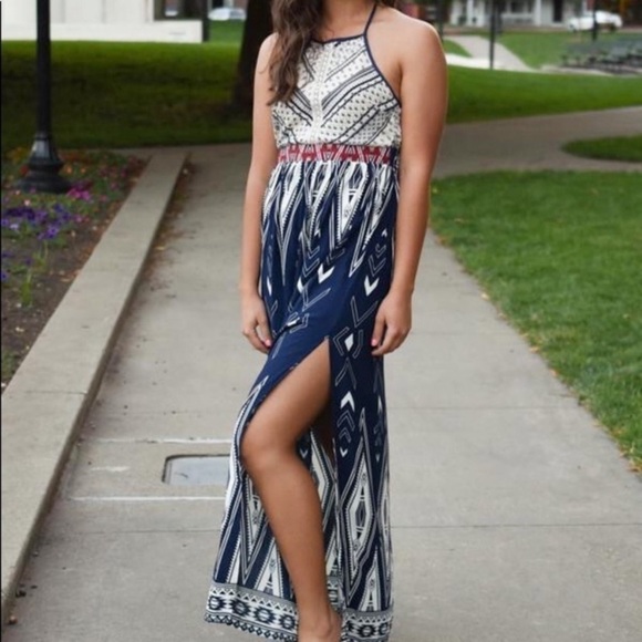 Japna New Size M Halter Style Maxi Dress Rayon Blue Cream Red Aztec Boho Print - Picture 3 of 10